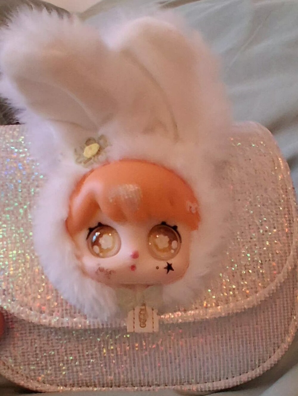 ✨ Kawaii Iridescent Mini Handbag with Pearl Handle & Bunny Doll Detail